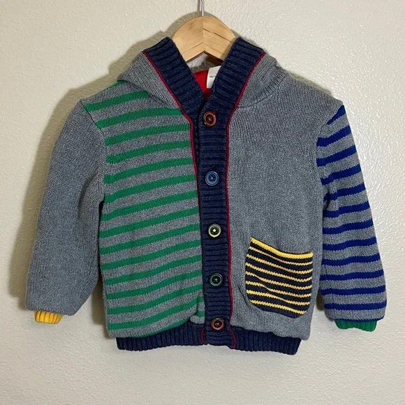 Hanna Andersson Striped Multicolor Knit Button Hoodie Sweater - Picture 1 of 9